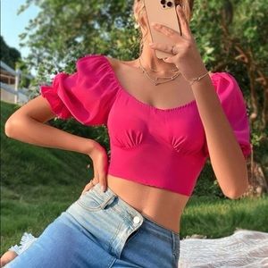 New shirred back hot pink crop top